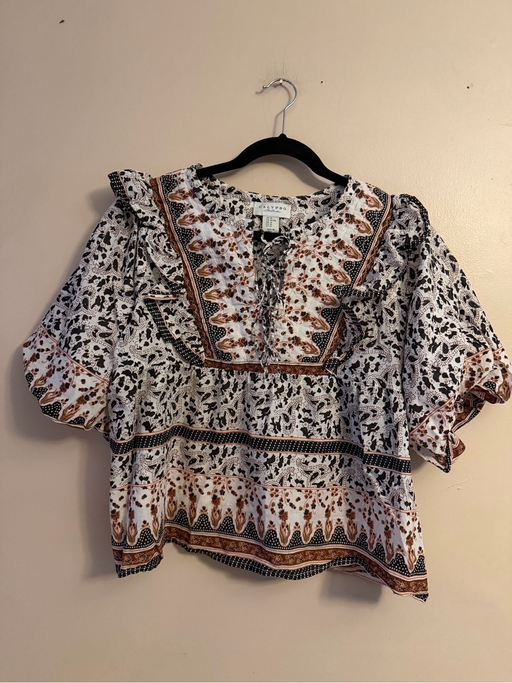 Calypso St. Barth White Floral Ruffle Peasant Blouse with Brown Accents